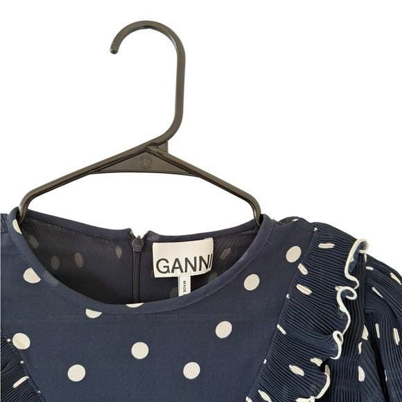 GANNI Pleated Georgette Polka Dot Mini Dress - Picture 6 of 10